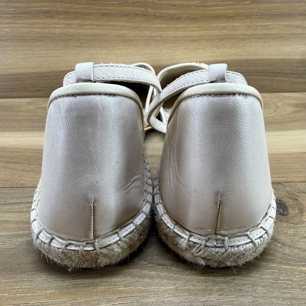 Tory Burch Eleanor Espadrille Flats 10 Cream Gold Logo Ankle Strap Resort Travel